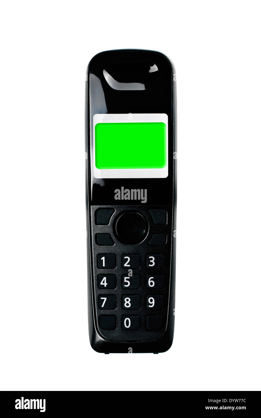 Téléphone sans fil. Téléphone sans fil avec affichage de l'écran vert isolé sur fond blanc. Banque D'Images