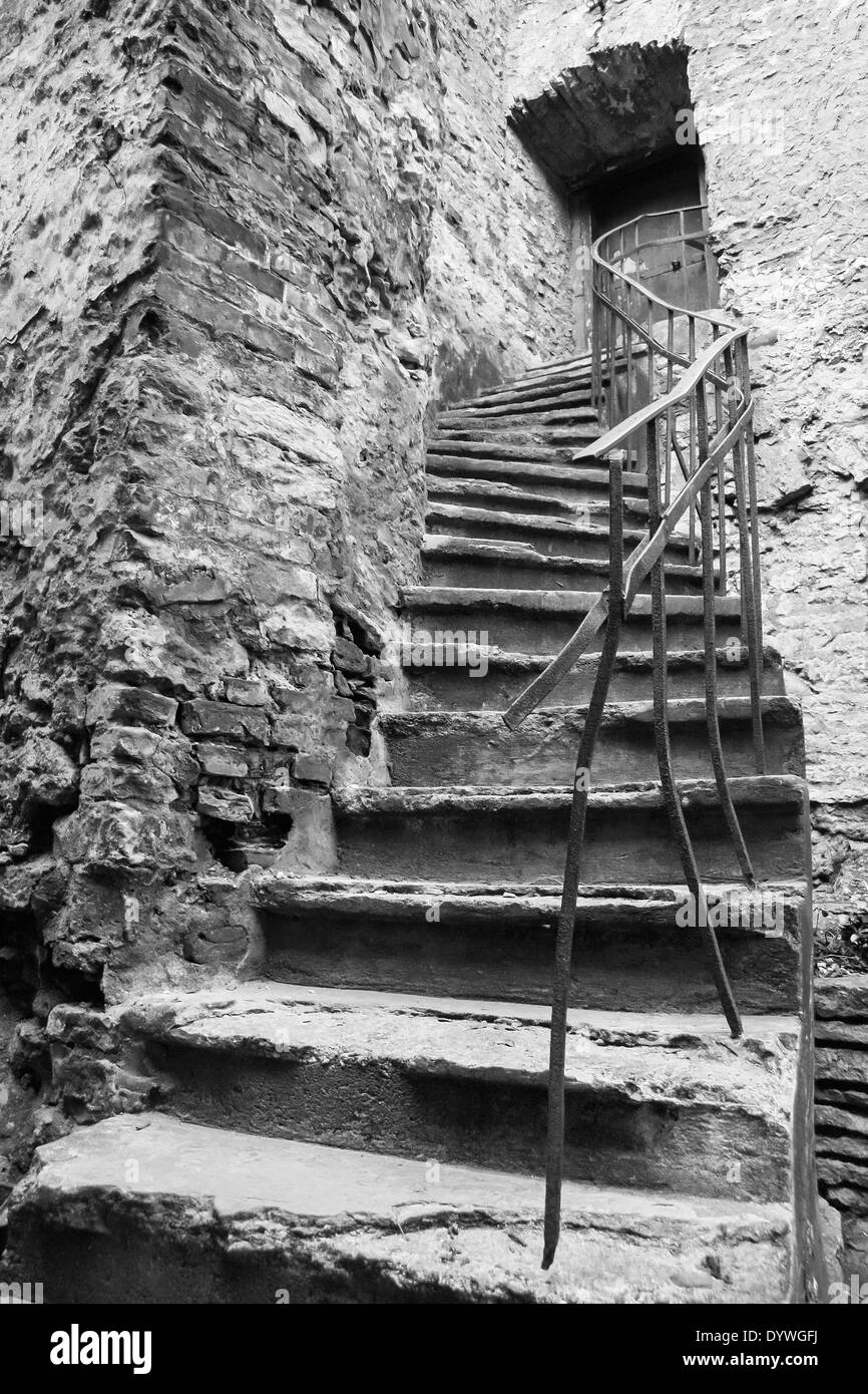 Un vieil escalier en pierre ancienne faite twisted mène jusqu'à une petite porte au mur de pierre. Photo prise dans la vieille ville de Tallinn, Estonie Banque D'Images