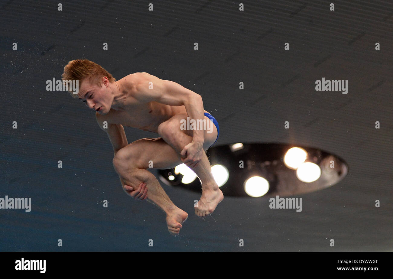 Londres, Grande-Bretagne. Apr 26, 2014. Jack rire de Grande-bretagne en compétition dans l'épreuve du tremplin 3m au cours de la deuxième journée de la FINA/NVC Diving World Series 2014 au Centre aquatique de Londres le 26 avril 2014 à Londres, Grande-Bretagne. Credit : Mitchell Gunn/ESPA/Alamy Live News Banque D'Images