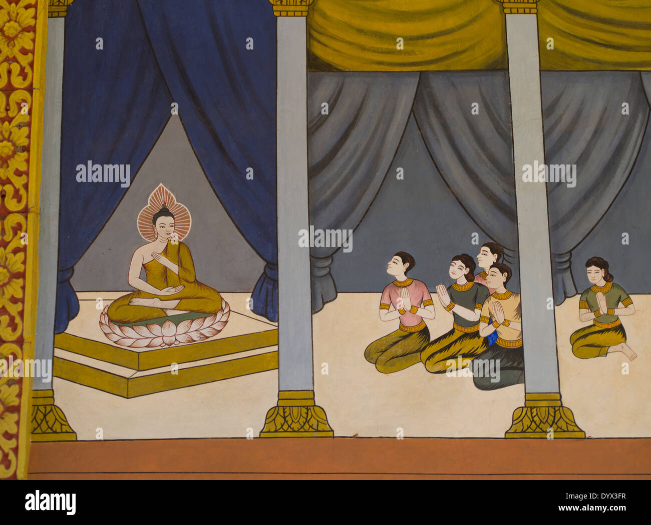 La peinture bouddhiste sur les murs des temples du Roluos Bakong ( ) Siem Reap, Cambodge Banque D'Images