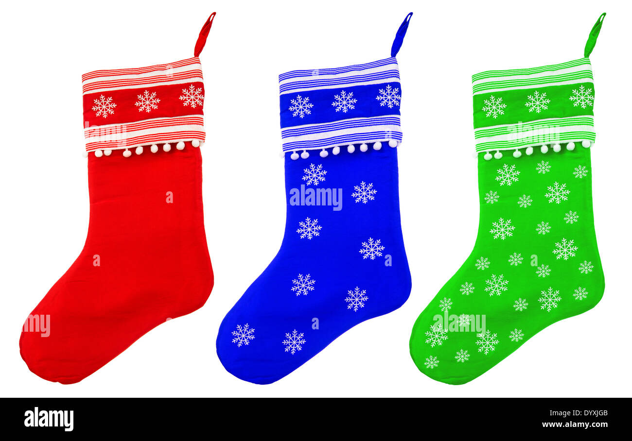 Chaussettes de Noël avec des flocons de Père Noël sur fond blanc Banque D'Images