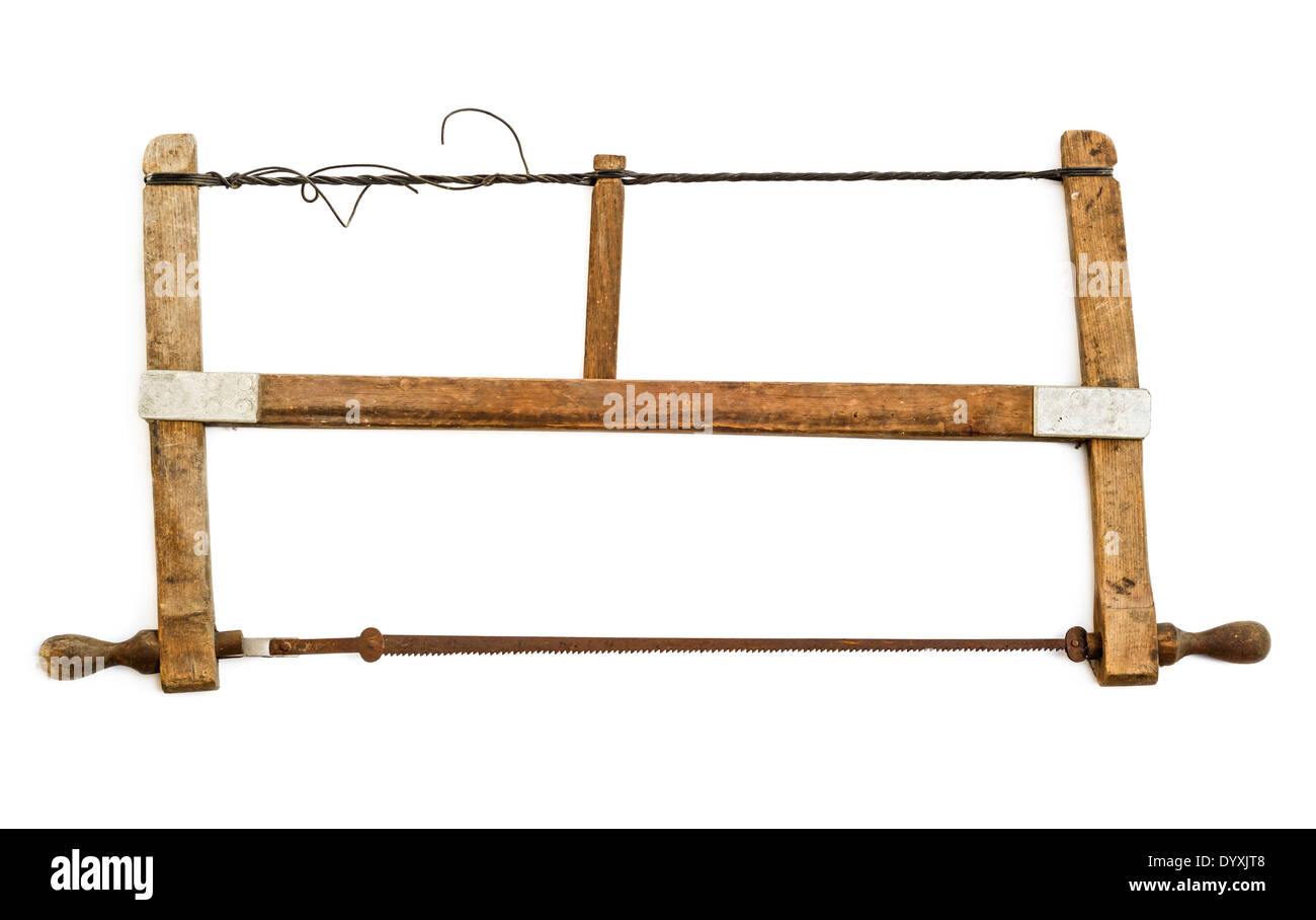 Vieille Scie à archet charpentiers isolé sur fond blanc Banque D'Images