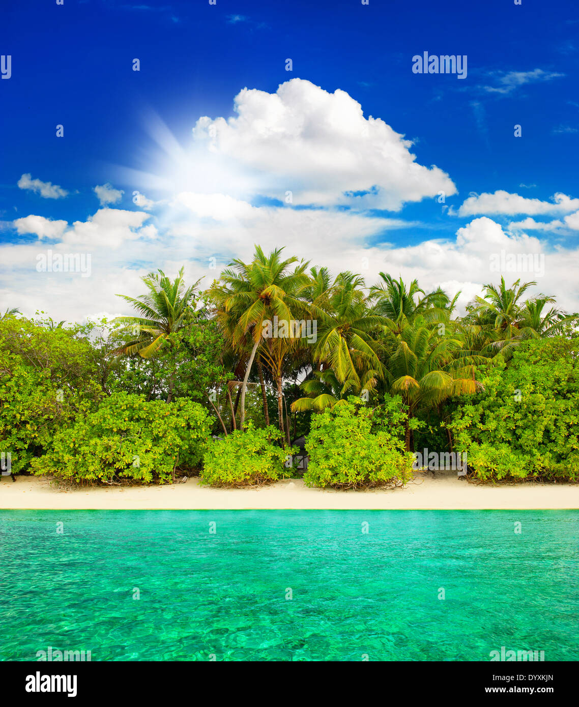 Paysage de l'île tropicale plage avec palmiers et ciel bleu ensoleillé. vue à partir de l'eau Banque D'Images