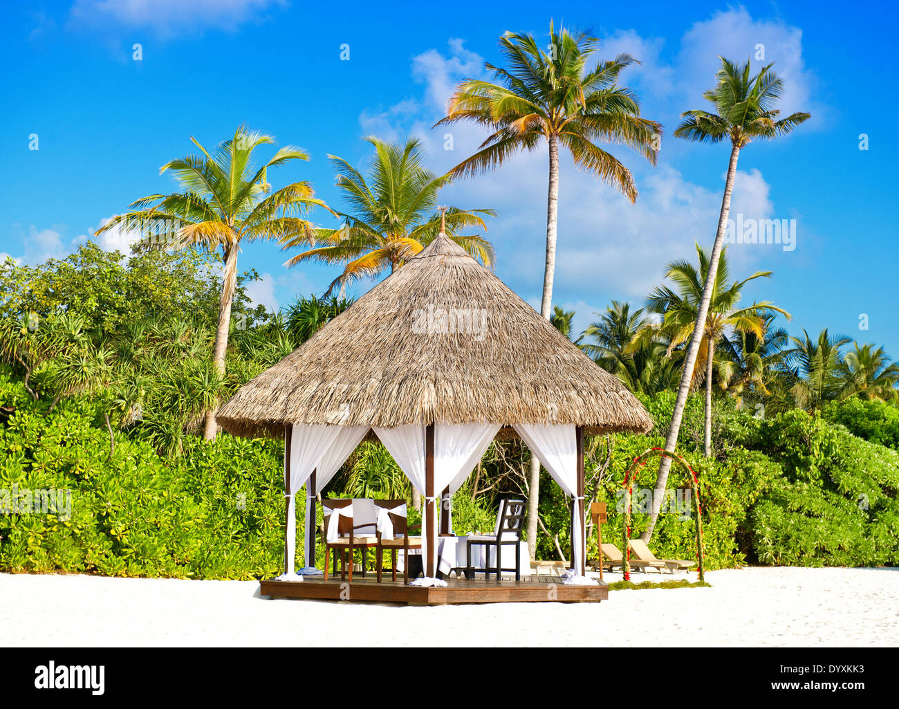 Cérémonie de mariage tropical romantique emplacement. beau ciel bleu et de palmiers. Paradise Island Banque D'Images
