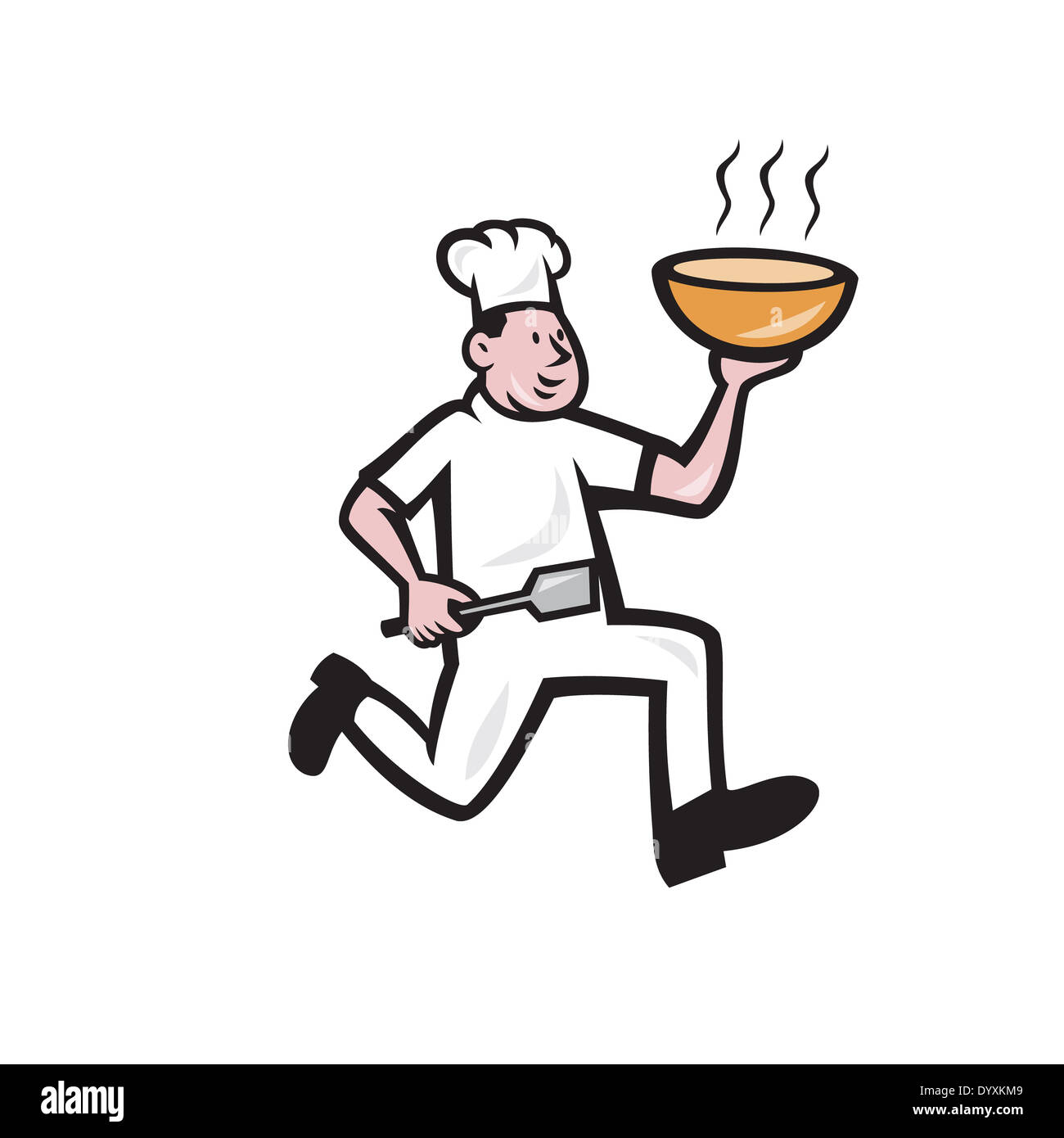 Illustration d'un chef d'exécution holding hot bol de soupe de nouilles vu de côté fait en cartoon style isolé sur fond blanc. Banque D'Images