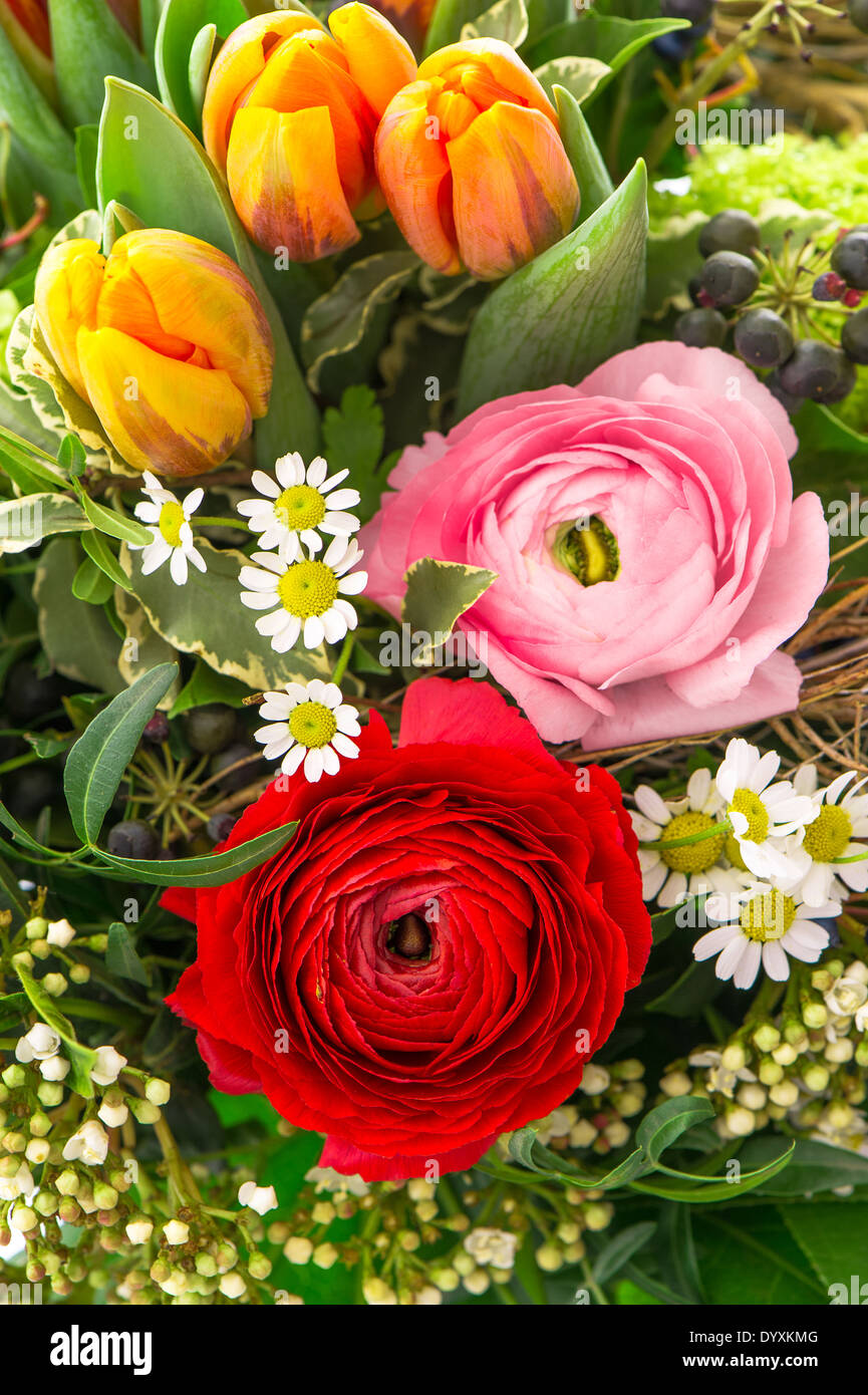 Bouquet de fleurs de printemps coloré tulipes et renoncules Photo Stock -  Alamy