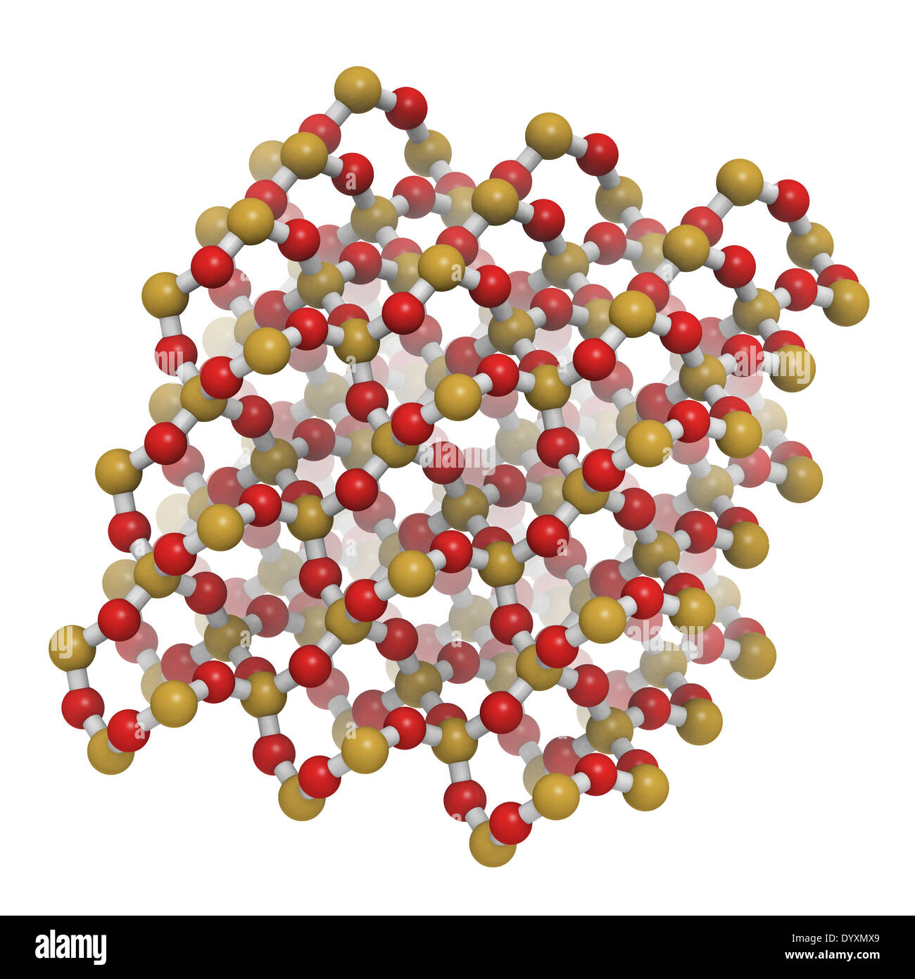 Quartz (un-quartz, SiO2) structure cristalline. Les atomes sont représentés comme des sphères avec codage couleur classiques Banque D'Images