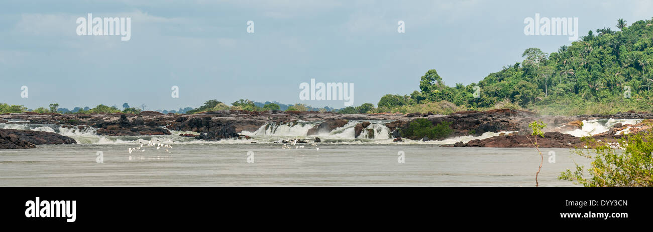 La rivière Xingu, l'État de Para au Brésil. La Volta Grande, l'Jericoá cascade cachoeira. Cette partie de la rivière va perdre son eau, du fait de la construction de l'barrage hydroélectrique de Belo Monte, le troisième du monde. Panorama cousus. Banque D'Images