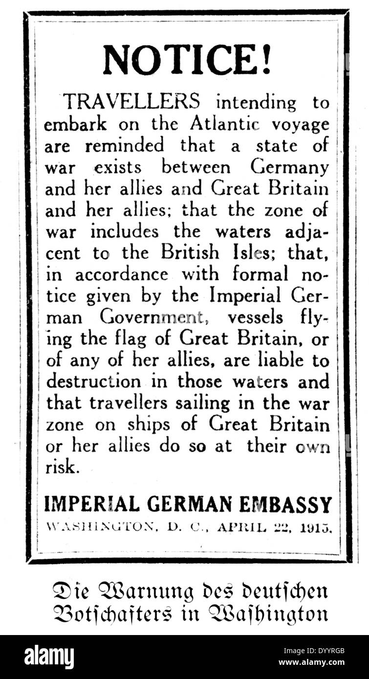Avis dans les journaux de l'ambassade allemande, 1915 Banque D'Images