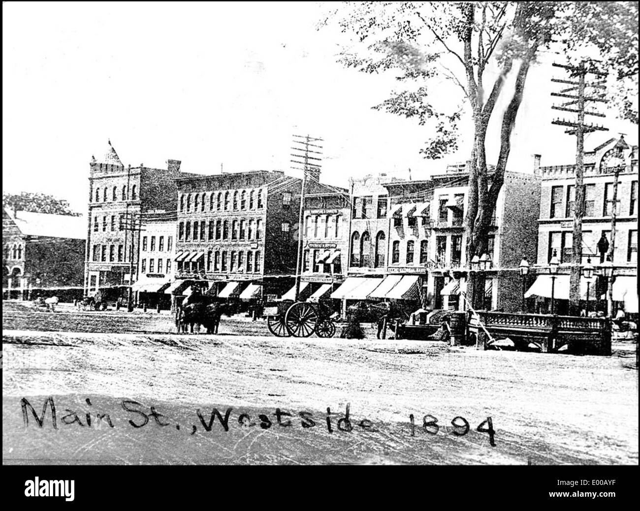 Cette photographie des années 1890 montre main Street à Keene, New Hampshire, capturant l'atmosphère animée de l'époque. L'image met en évidence les bâtiments, le quartier des affaires et les calèches qui ont défini le centre-ville pendant cette période. Banque D'Images