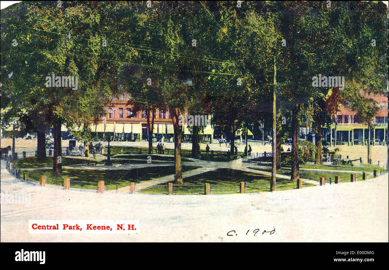Central Park Square à Keene, dans le New Hampshire, est un point central du quartier des affaires de la ville. Le parc est entouré de bâtiments et de magasins locaux, ce qui en fait un centre pour la communauté et les visiteurs. Banque D'Images