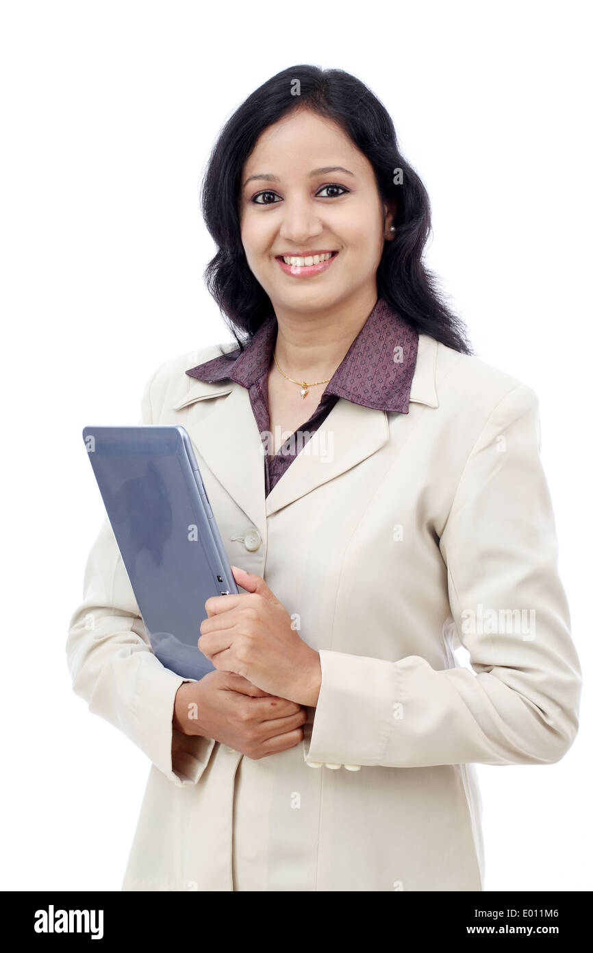 Happy young Indian business woman with tablet contre white Banque D'Images