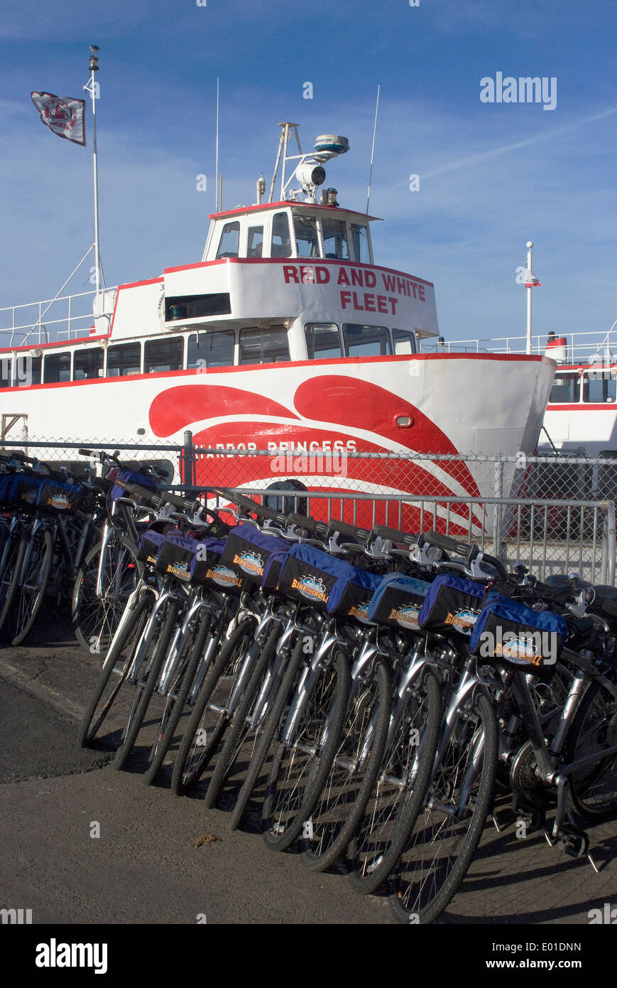 Bay navires de tourisme et de location de bicyclettes à Fisherman's Wharf, San Francisco, California, United States Banque D'Images