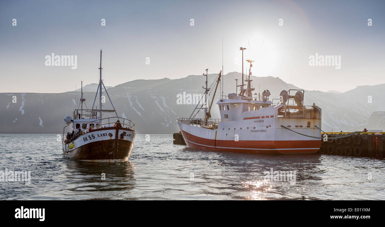 Les chalutiers de pêche dans le port à Grundarfjordur, Péninsule de Snæfellsnes, l'Islande. Banque D'Images