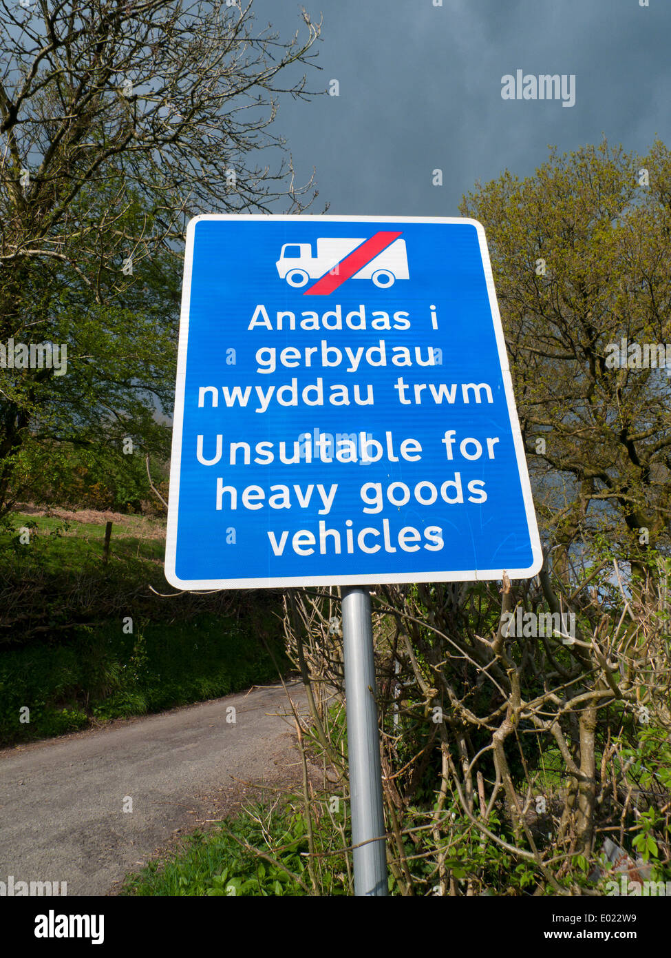 Langue Bilingue Anglais gallois signe interdisant les véhicules poids lourds d'utiliser un étroit chemin de campagne du Pays de Galles UK KATHY DEWITT Banque D'Images