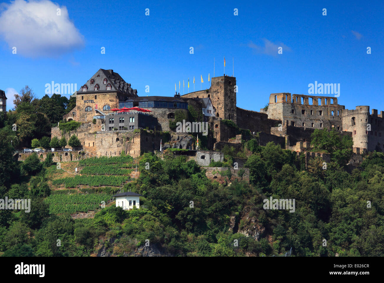 Photo de rheinfels château au-dessus de la ville de goar surplombant le Rhin, Allemagne Banque D'Images