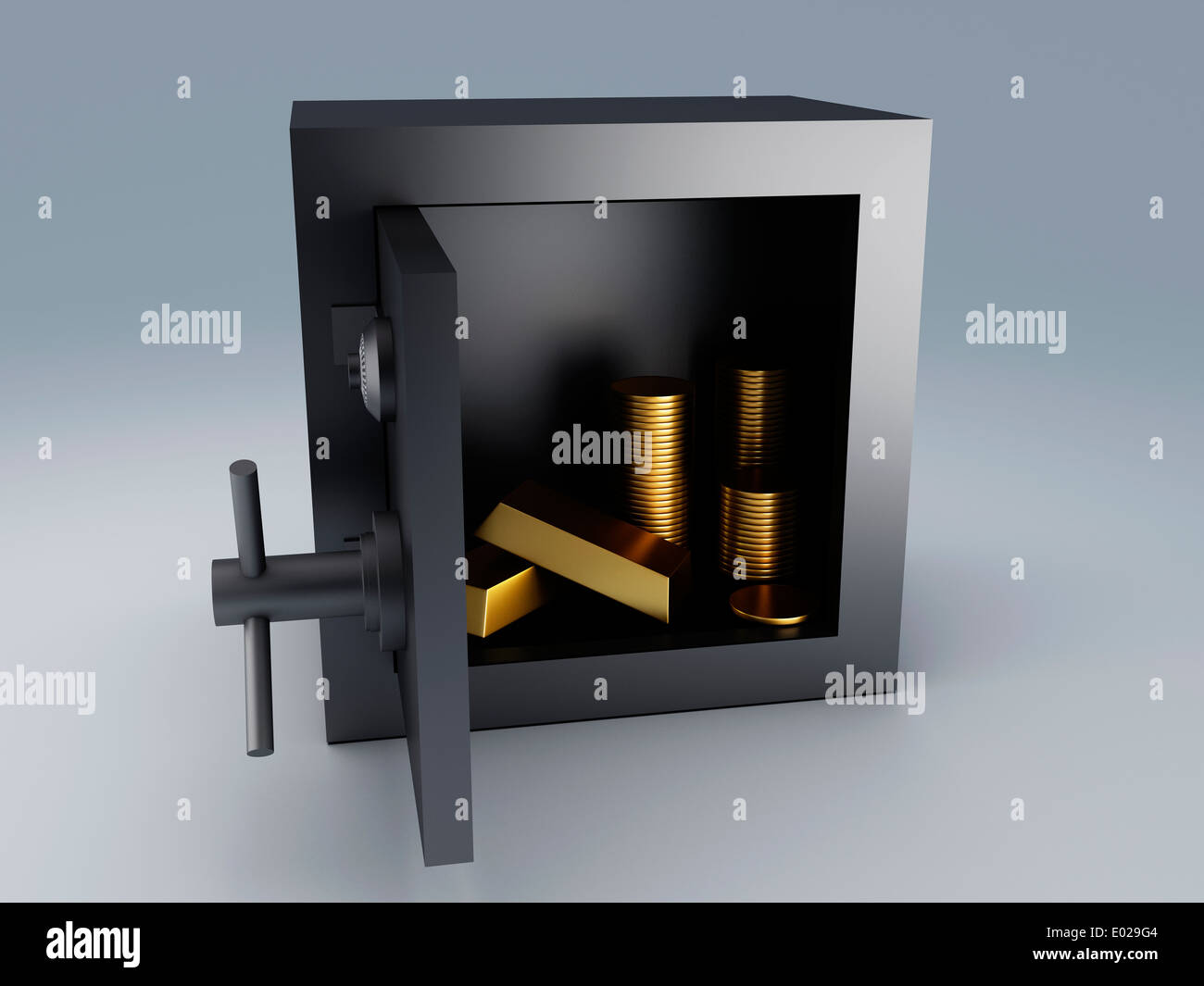 Coffre-fort en acier et or 3D illustration. Concept de protection. Banque D'Images
