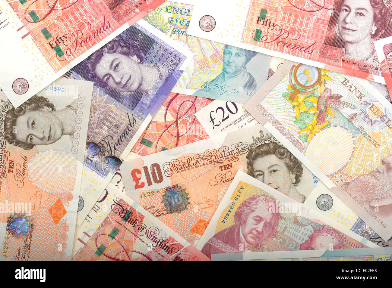 Divers billets en euros, Livre Sterling Banque D'Images