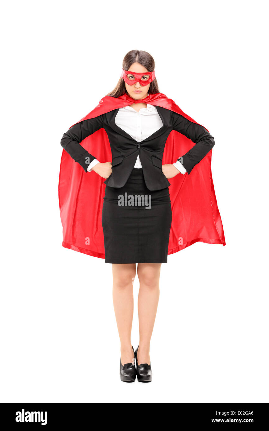 Portrait d'une femme en costume de super-héro fièrement Banque D'Images
