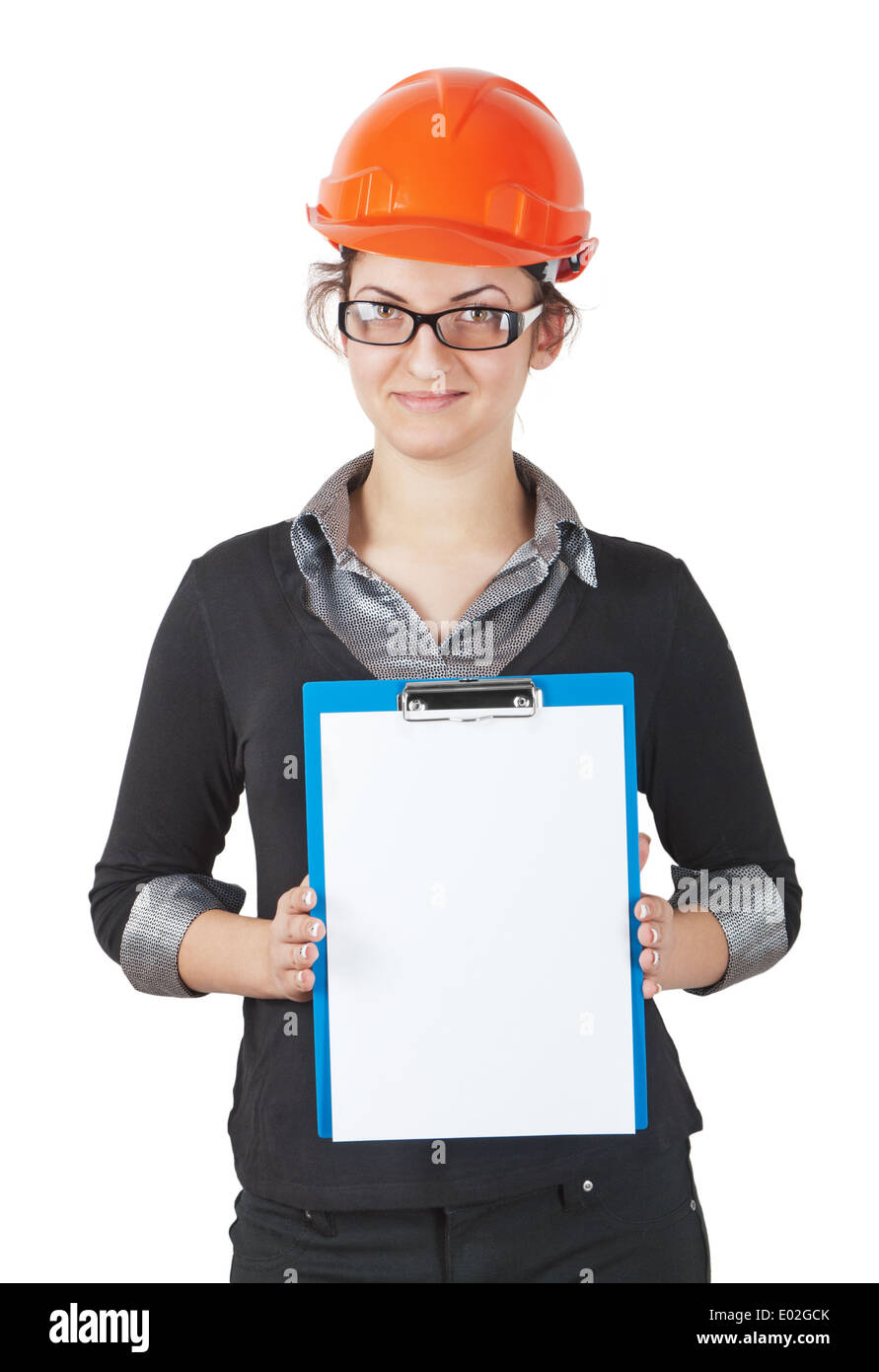Femme de président dans le casque de construction tenant une tablette avec un vide. isolated on white Banque D'Images