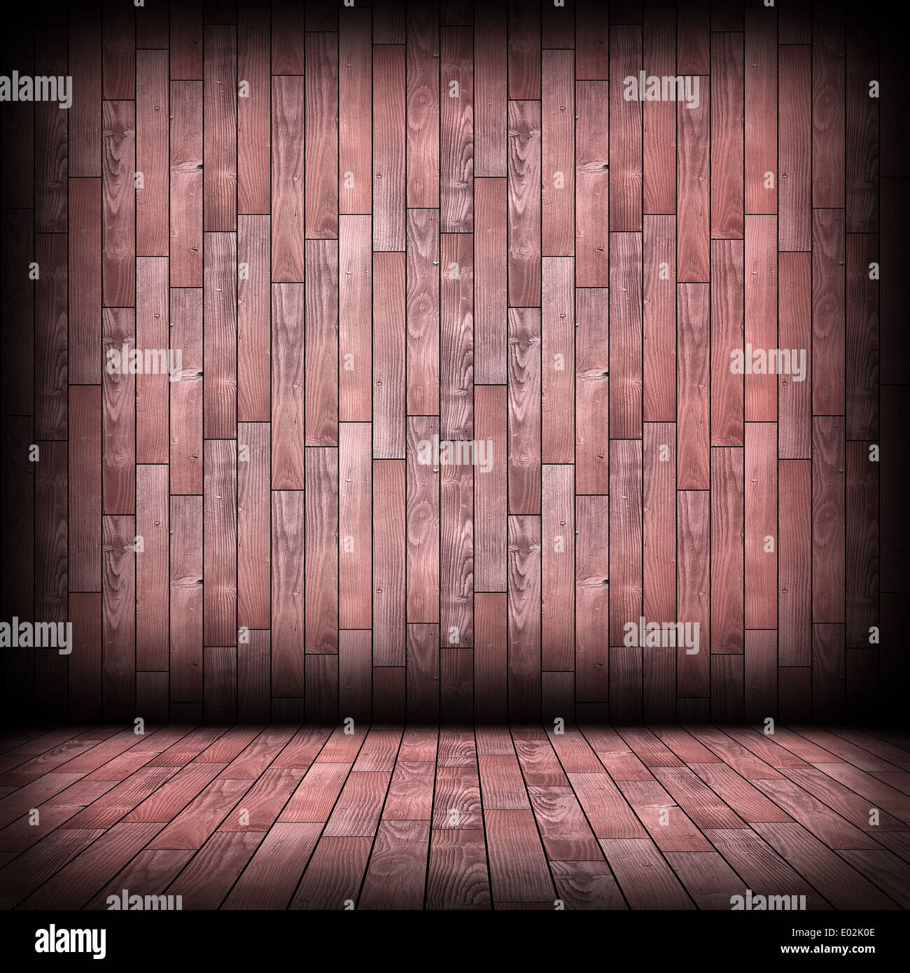 Architecture en bois d'intérieur vide chambre, plancher bois rougeâtre sur plancher et mur de finition Banque D'Images