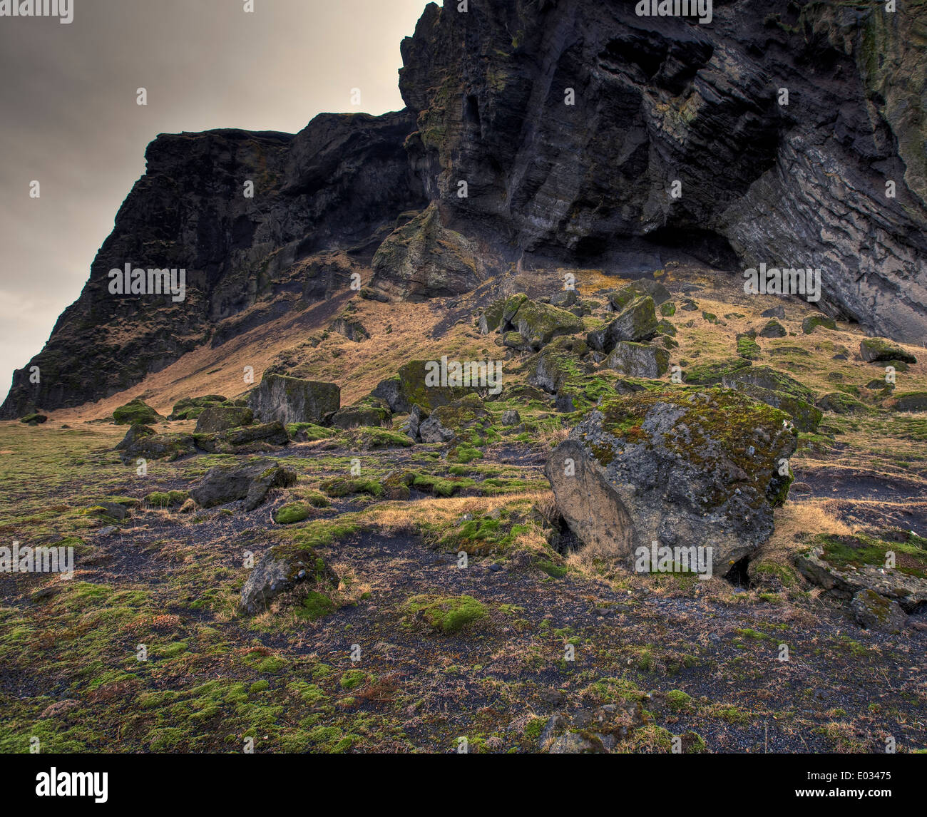 La pierre de lave couvertes de mousse, Hjorleifshofdi, Côte Sud, Islande Banque D'Images