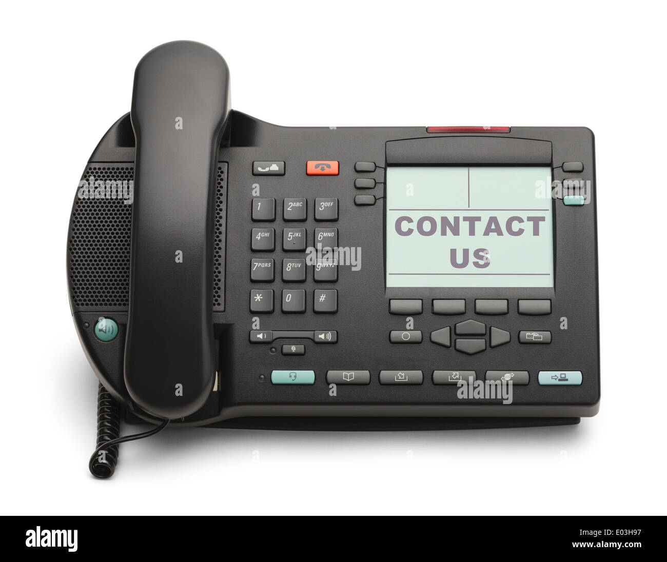 Téléphone de bureau noir avec Contact isolé sur fond blanc. Banque D'Images
