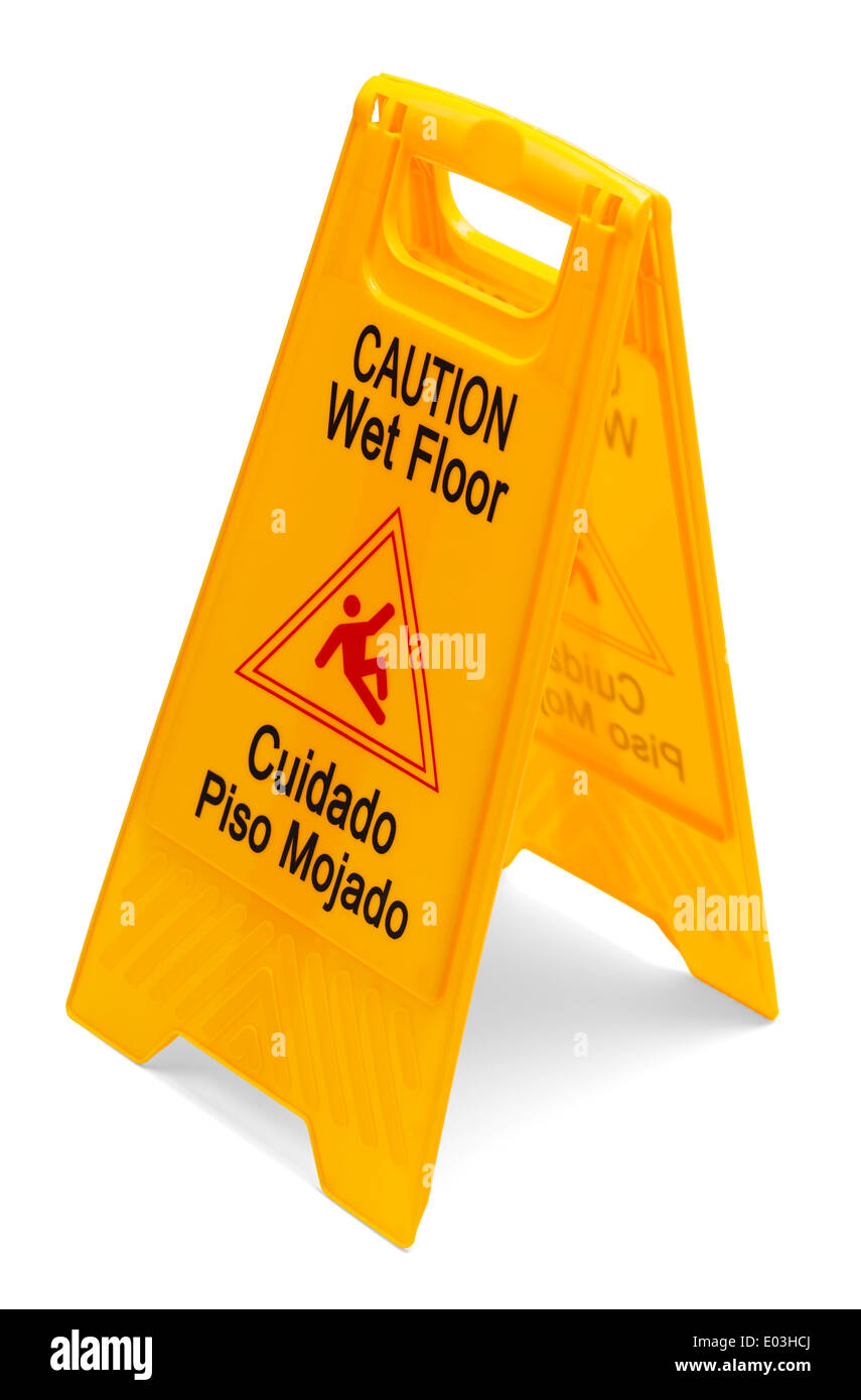 Prudence en plastique jaune signe sol humide isolé sur un fond blanc. Banque D'Images