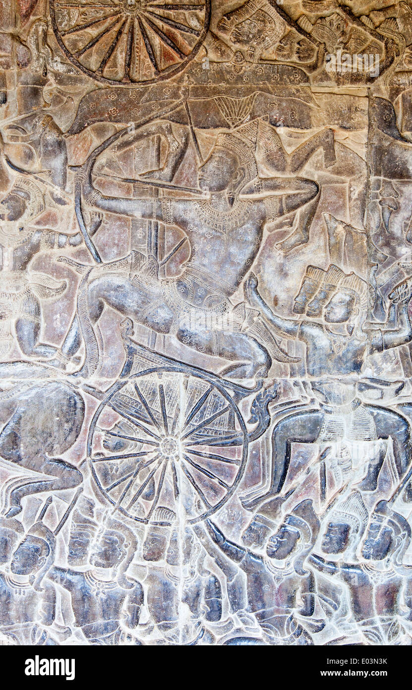 Sculptures sur pierre à l'intérieur de Angkor Wat, Siem Reap, Cambodge Banque D'Images