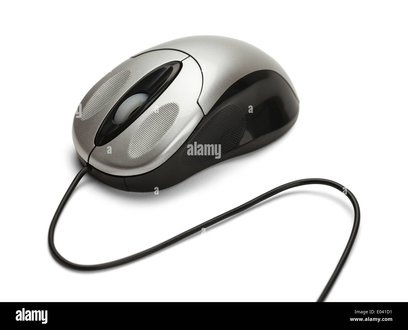 La souris grise et noire avec cordon isolé sur fond blanc. Banque D'Images