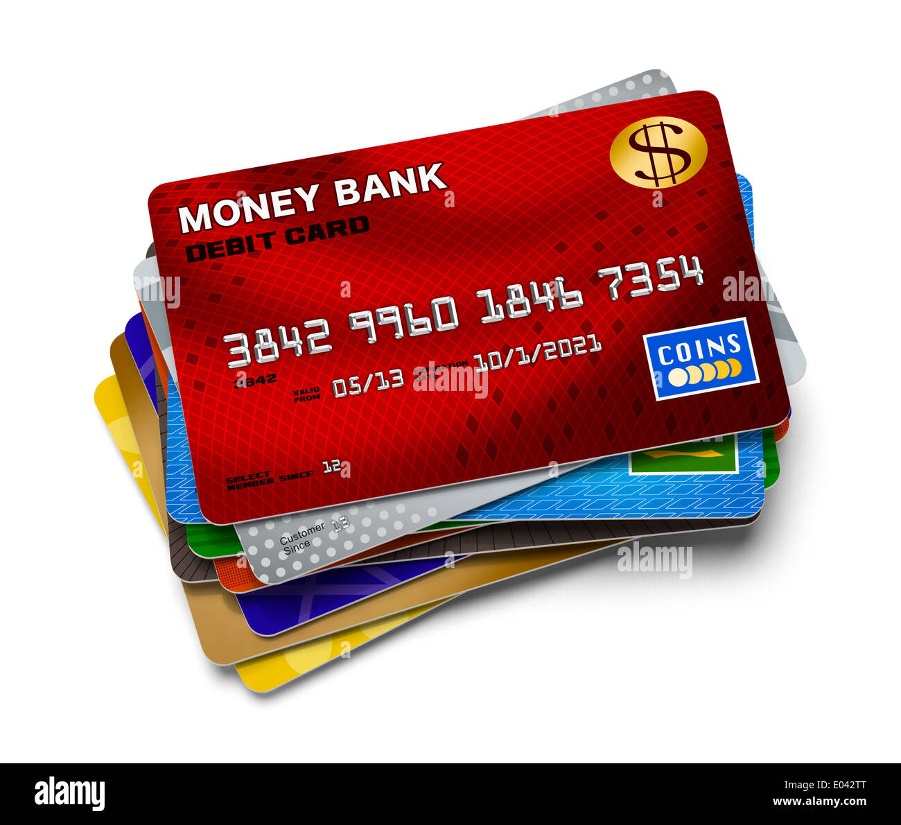 Plusieurs cartes de crédit dans une pile isolé sur fond blanc. Banque D'Images