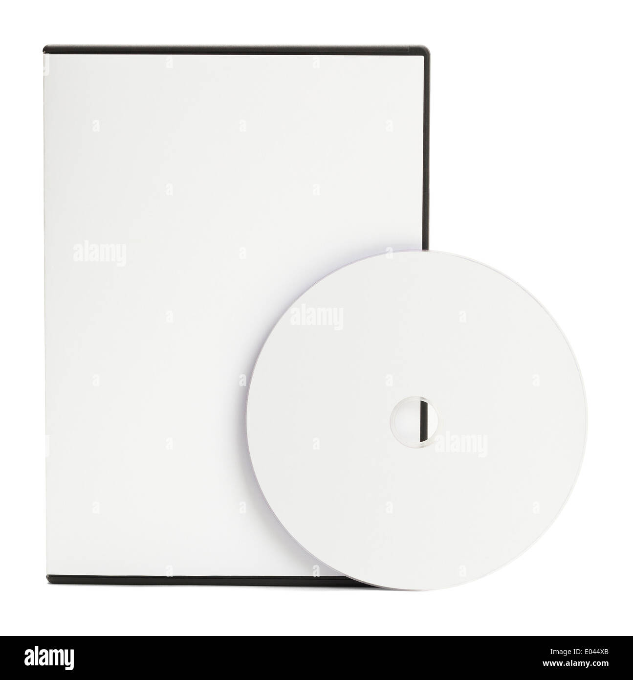Boîtier DVD blanc vierge avec disque vierge isolé sur fond blanc. Banque D'Images