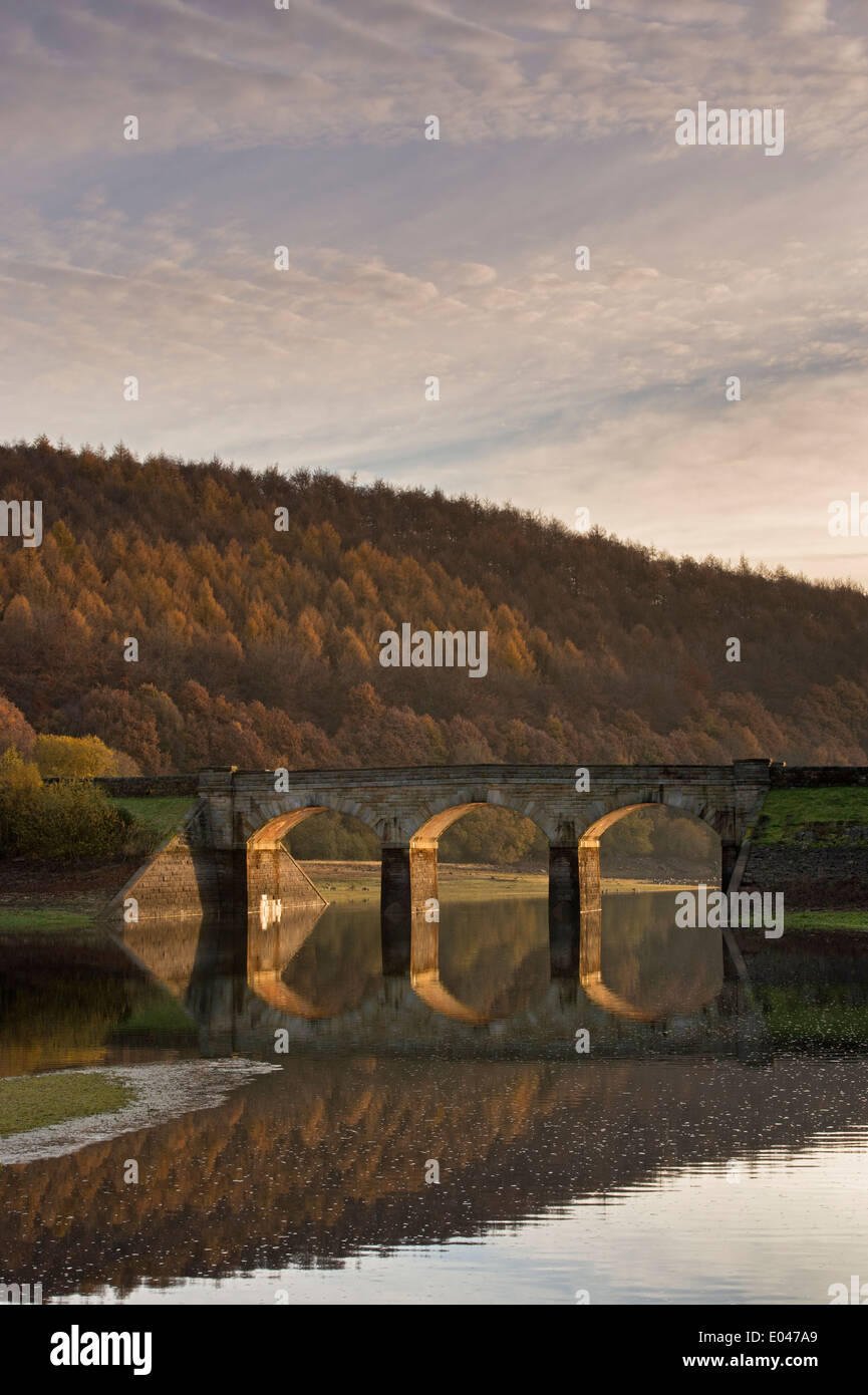 Vue panoramique du pont de la route d'arches ensoleillée & Woodland, reflétée dans l'eau calme de Lindley Wood - près de Otley, North Yorkshire, Angleterre, Royaume-Uni. Banque D'Images