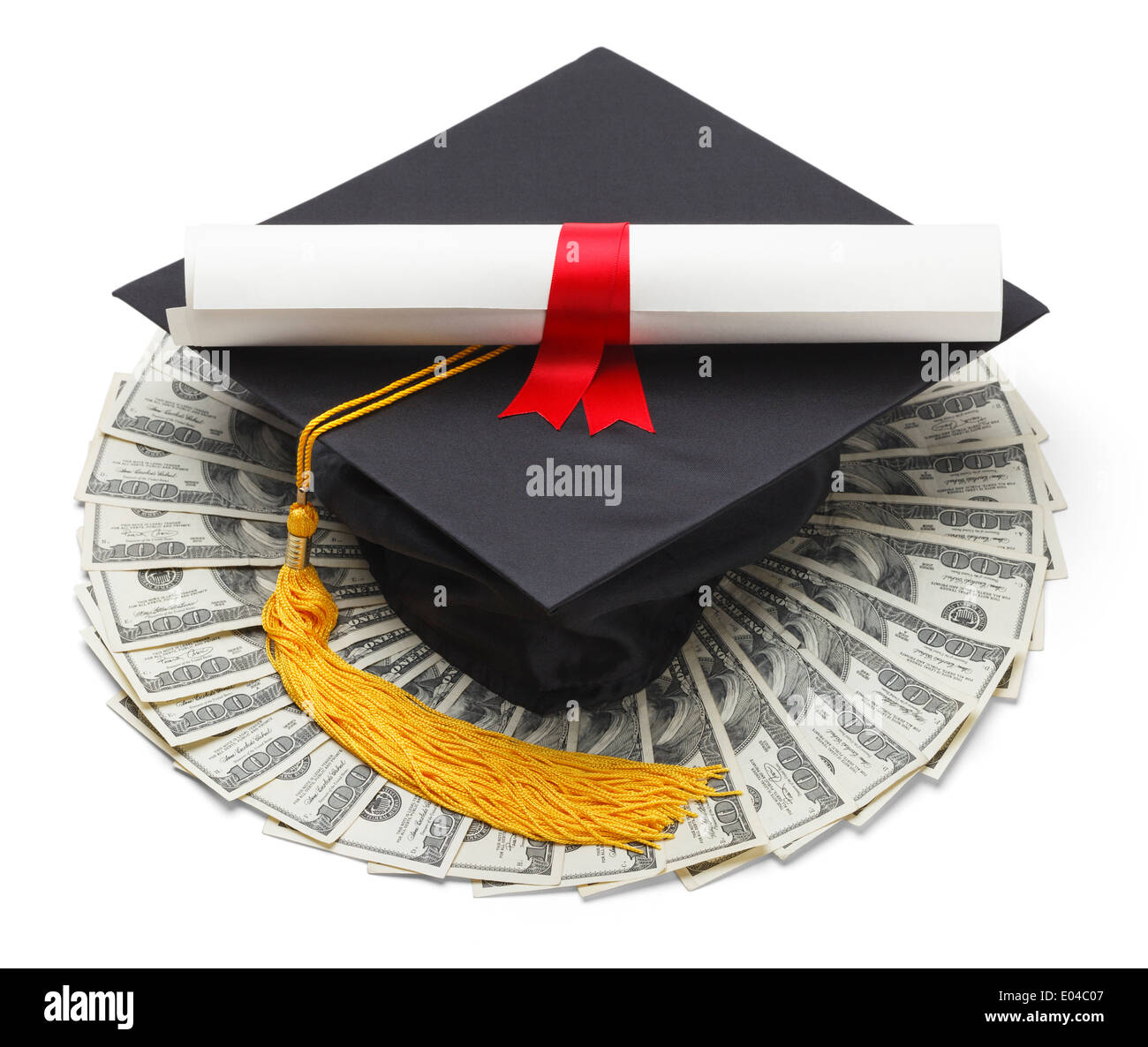 Diplôme d'études supérieures avec chapeau et de l'argent liquide isolé sur fond blanc. Banque D'Images