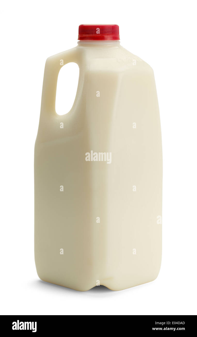 Bouteille de lait avec bouchon rouge isolé sur fond blanc. Banque D'Images