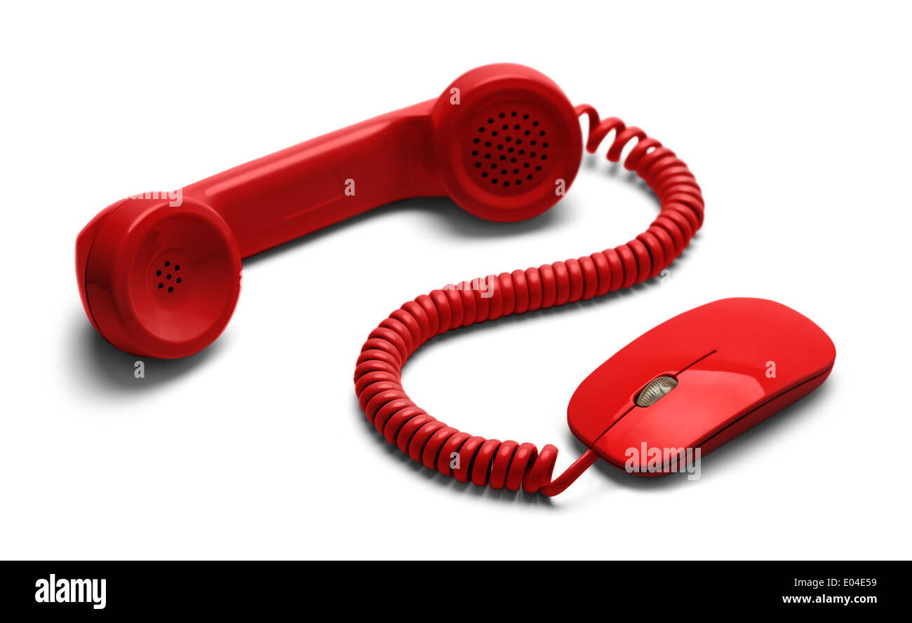 Les communications en ligne avec Red téléphone connecté à la souris d'ordinateur isolé sur fond blanc. Banque D'Images