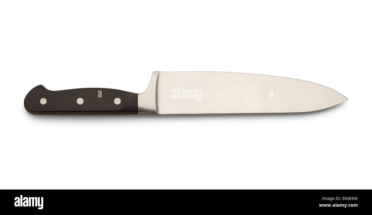 Gros couteau de cuisine avec poignée noire isolé sur fond blanc. Banque D'Images