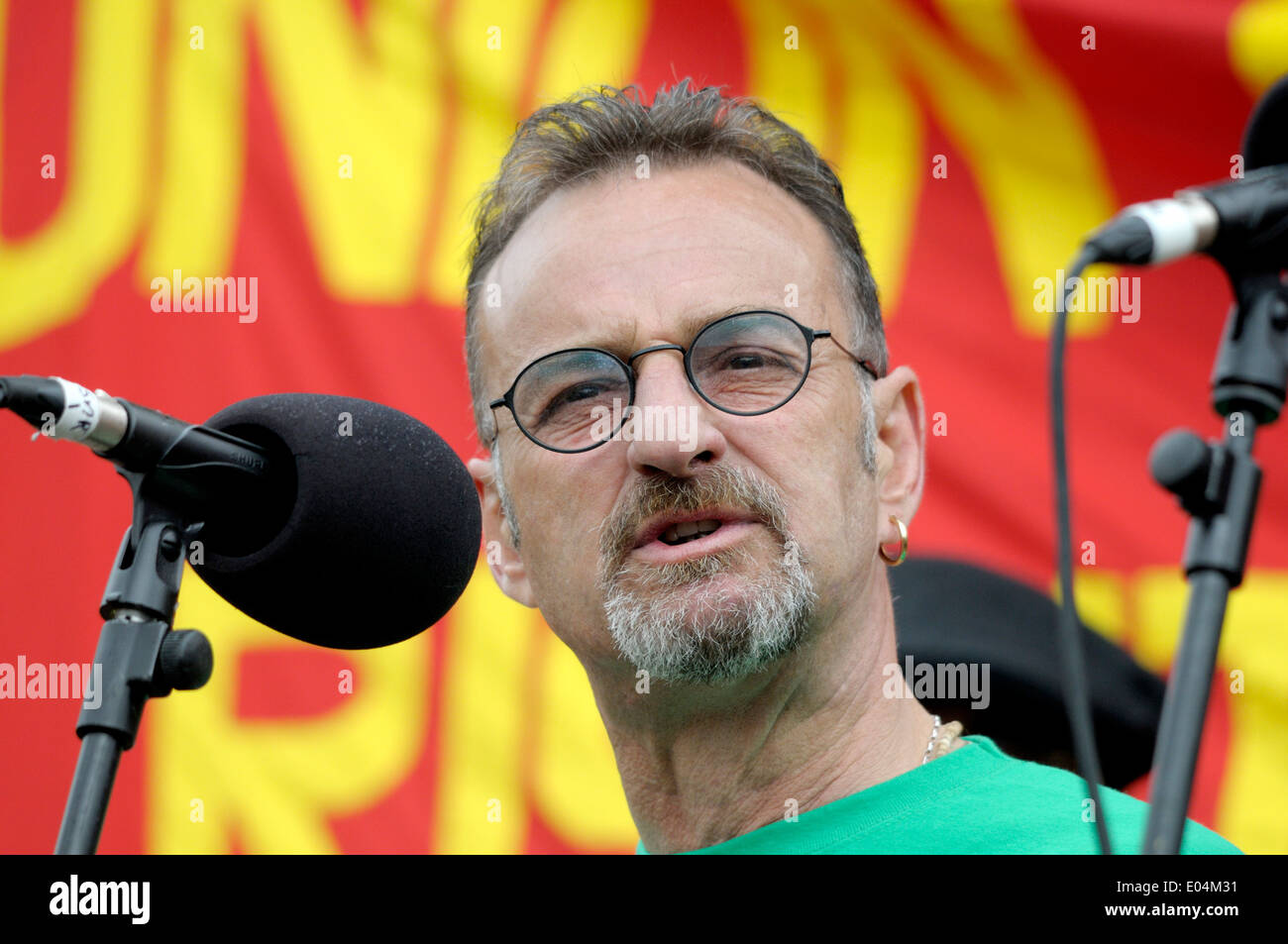 Peter Pinkney (RMT) Le président peut jour, Londres, 2014. S'exprimant lors de la manifestation à Trafalgar Square. Banque D'Images