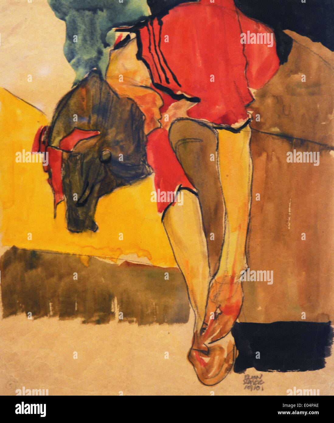 Egon Schiele Girl putting on Shoe Banque D'Images