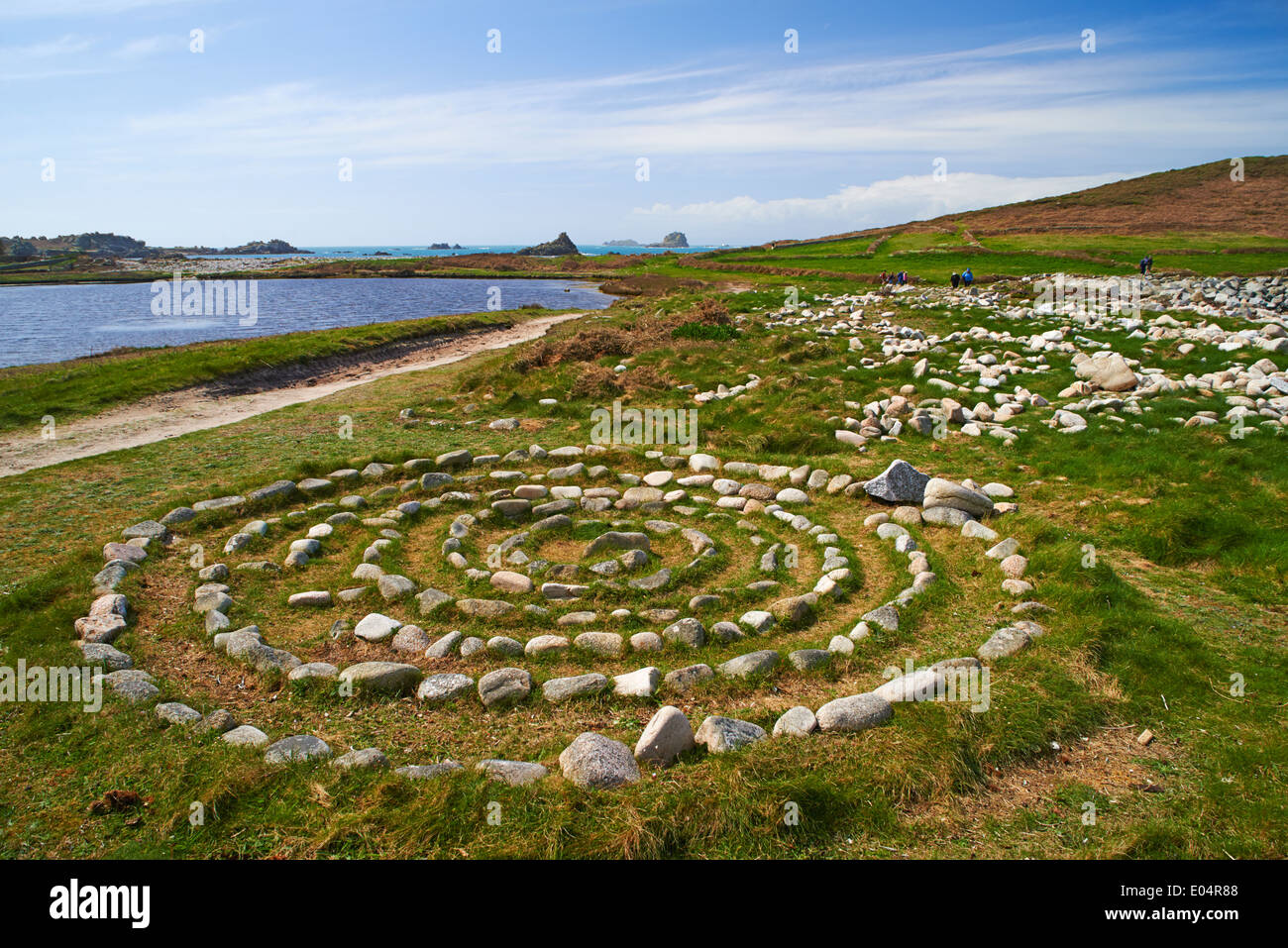 Stone Circle labyrinthe de Bryher, Îles Scilly, Scillies, Cornwall en Avril Banque D'Images