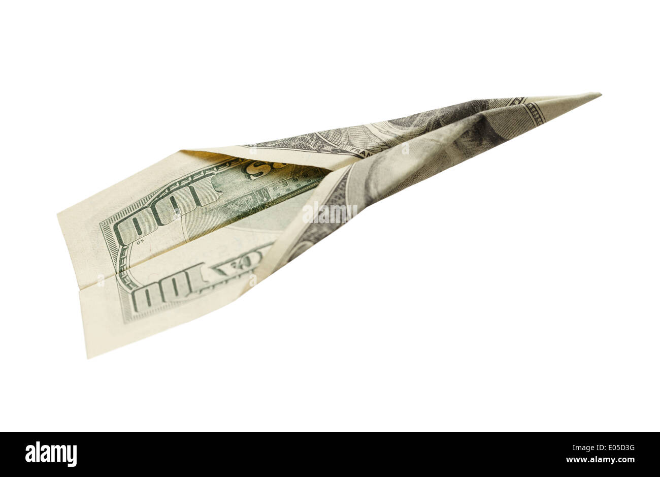 Hundred Dollar Bill Plane Taking off isolé sur fond blanc. Banque D'Images