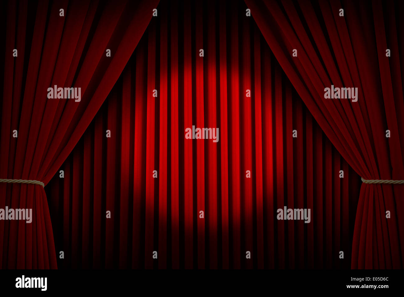 Rideaux de scène en velours rouge avec le Centre de l'actualité. Banque D'Images