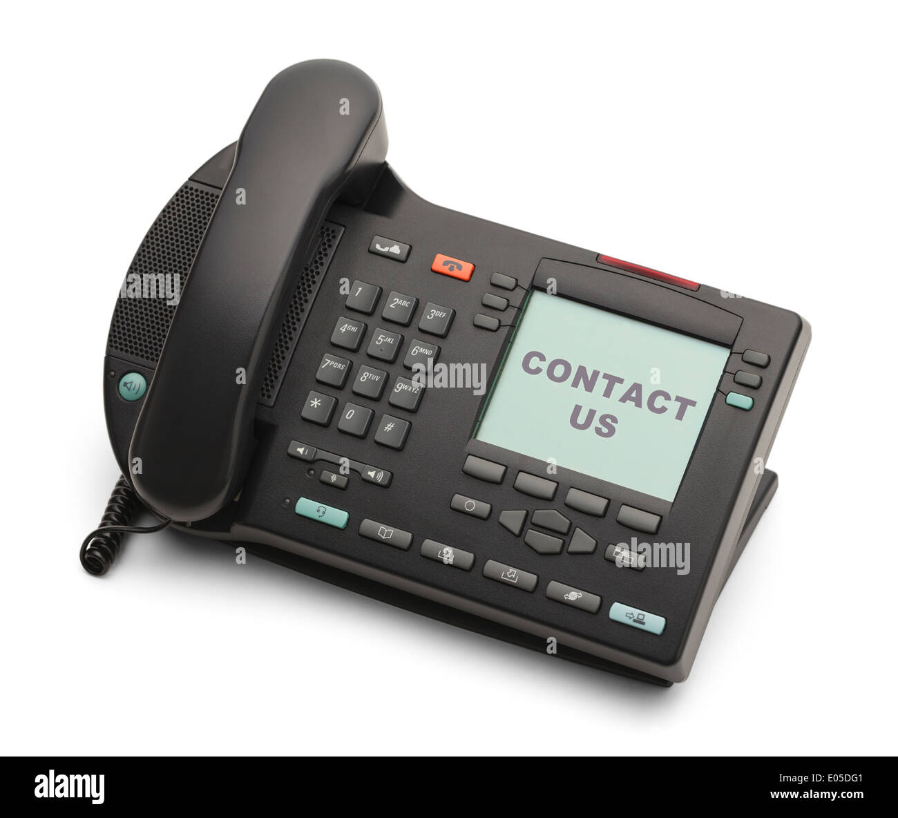 Contactez-nous Business Phone noir isolé sur fond blanc. Banque D'Images