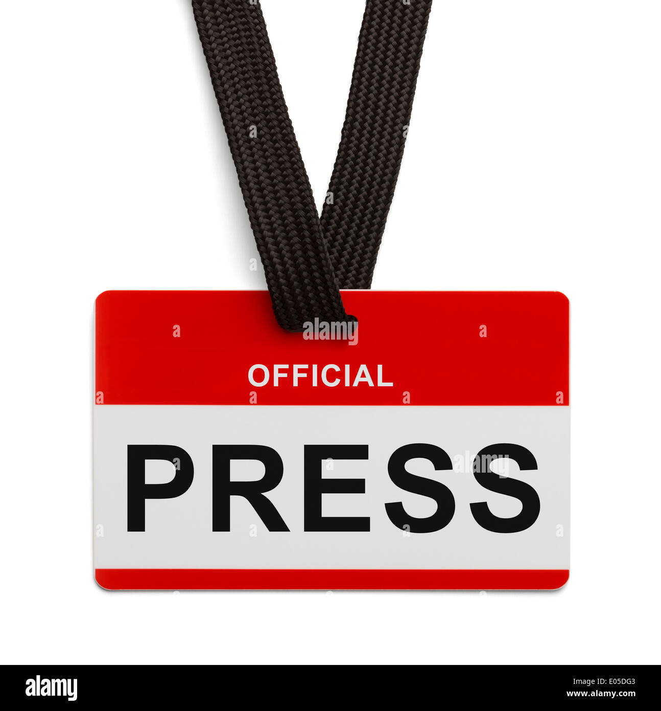 Badge de presse rouge et blanc isolé sur fond blanc. Banque D'Images