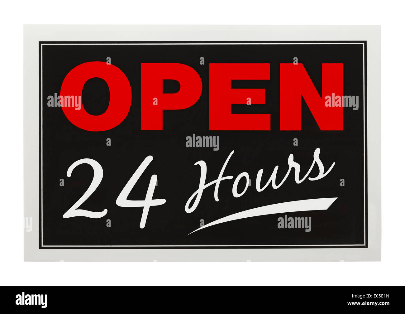 Le rouge et le noir ouvert 24 heures signe isolé sur fond blanc. Banque D'Images