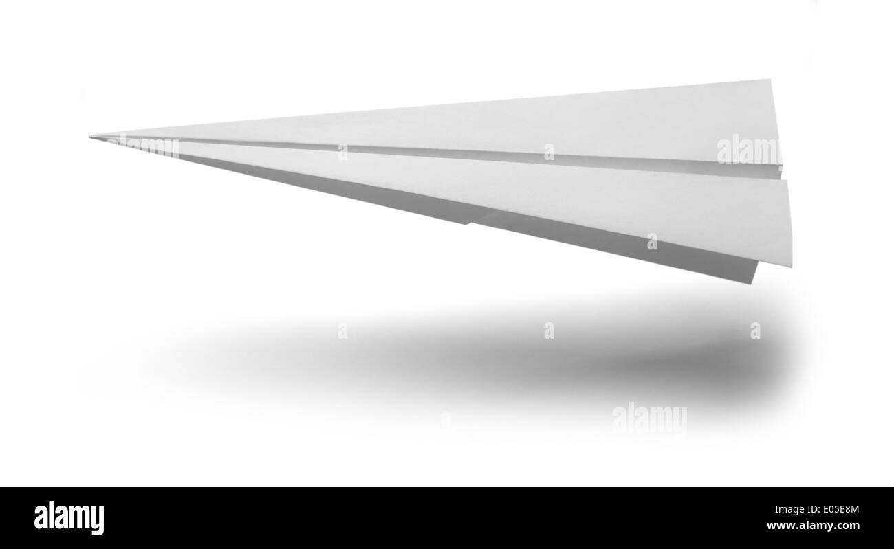 L'atterrissage d'Avion de Papier blanc isolé sur fond blanc avec l'ombre. Banque D'Images