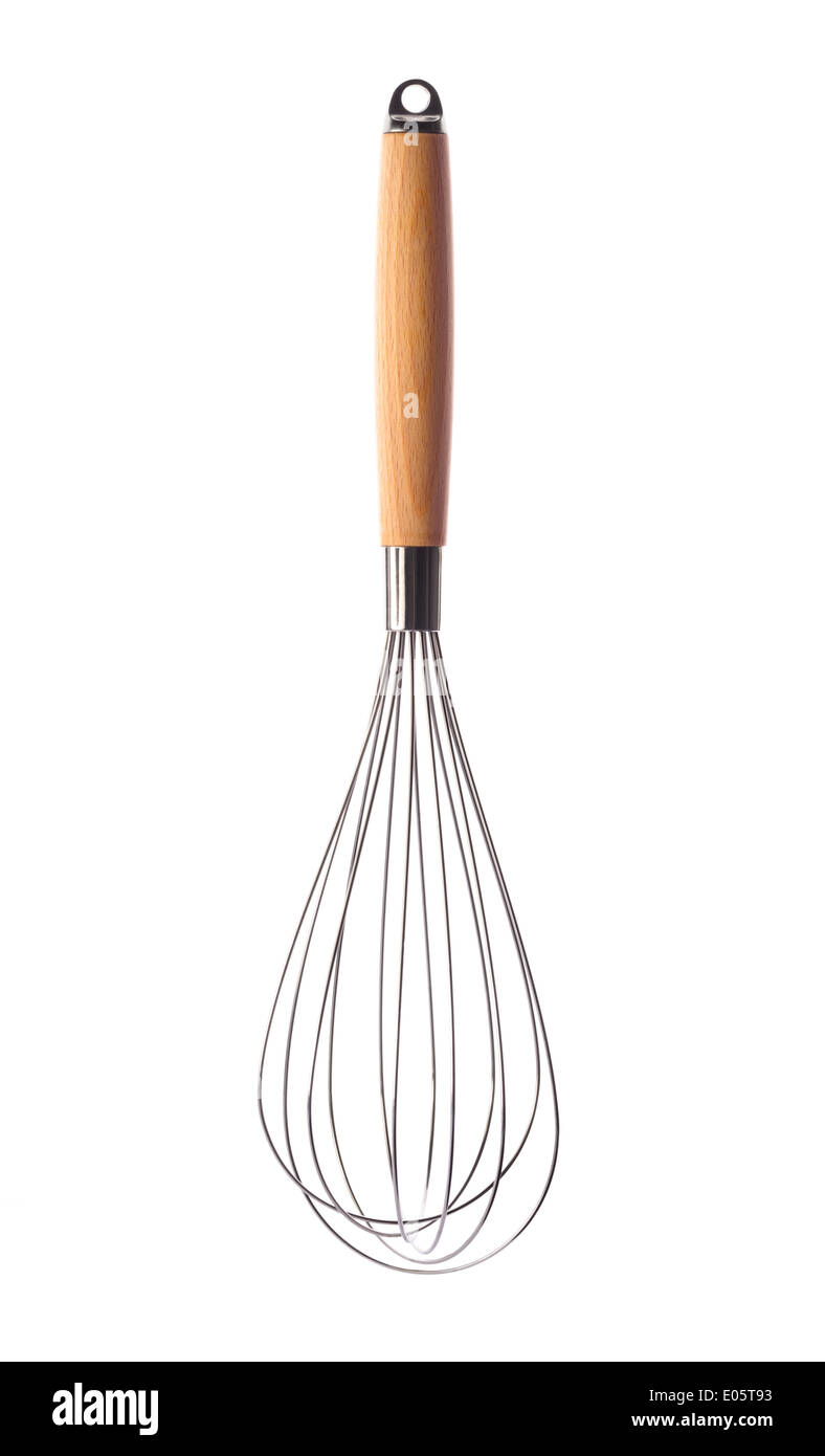 Articles menagers en acier : fouet, isolé sur fond blanc Banque D'Images