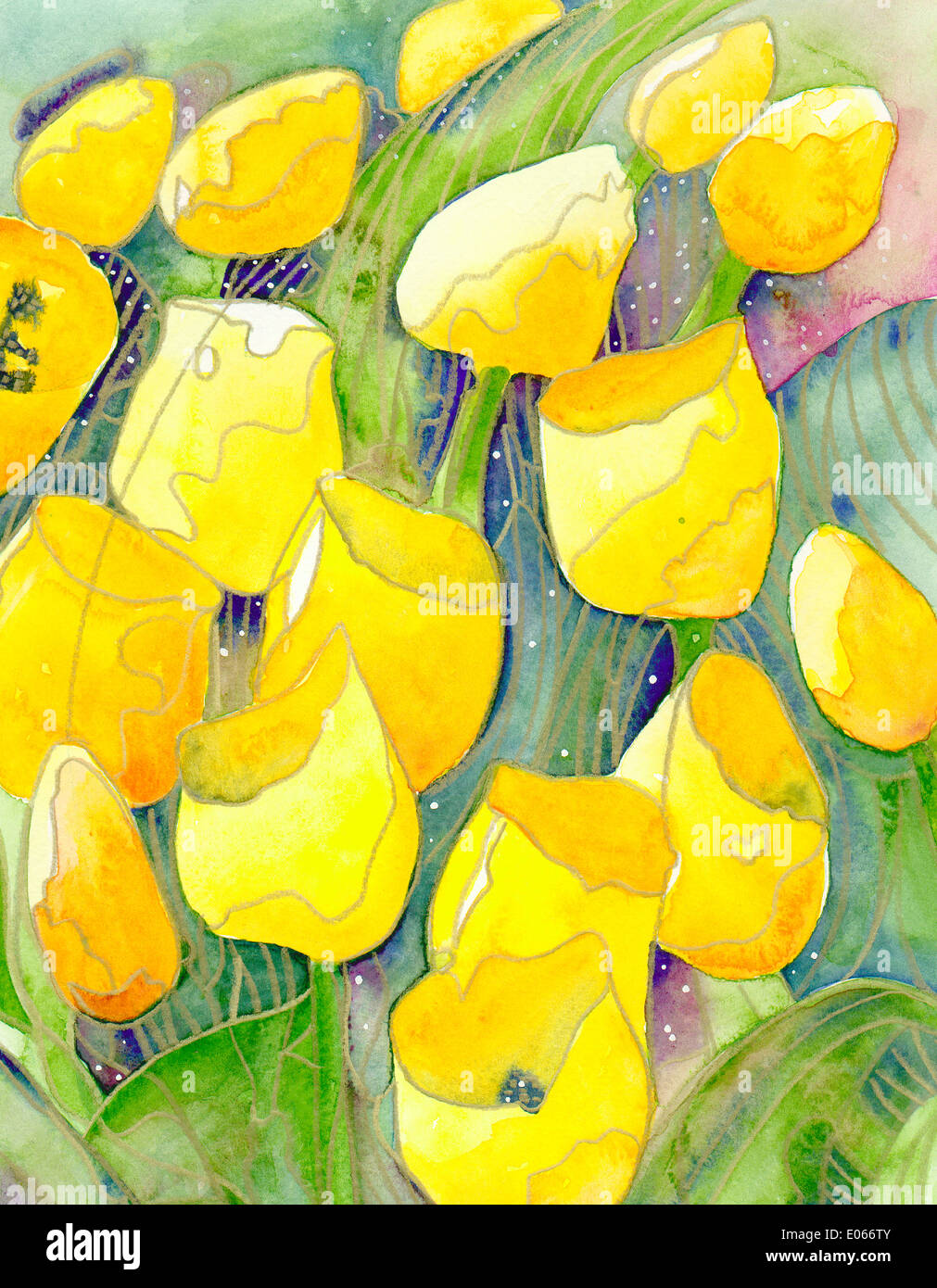 Tulipes jaunes aquarelle et crayon peinture avec l'expression animée et étoilé sur fond bleu. Banque D'Images