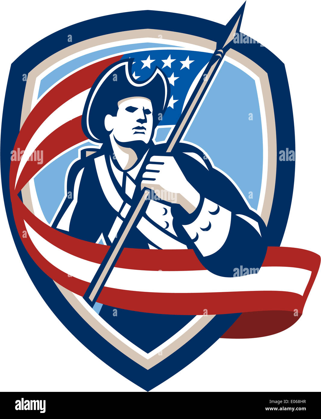 Illustration d'un soldat révolutionnaire patriote américain stars and stripes USA agitant un drapeau à côté de l'écran à l'intérieur set fait en forme de crête style rétro Banque D'Images