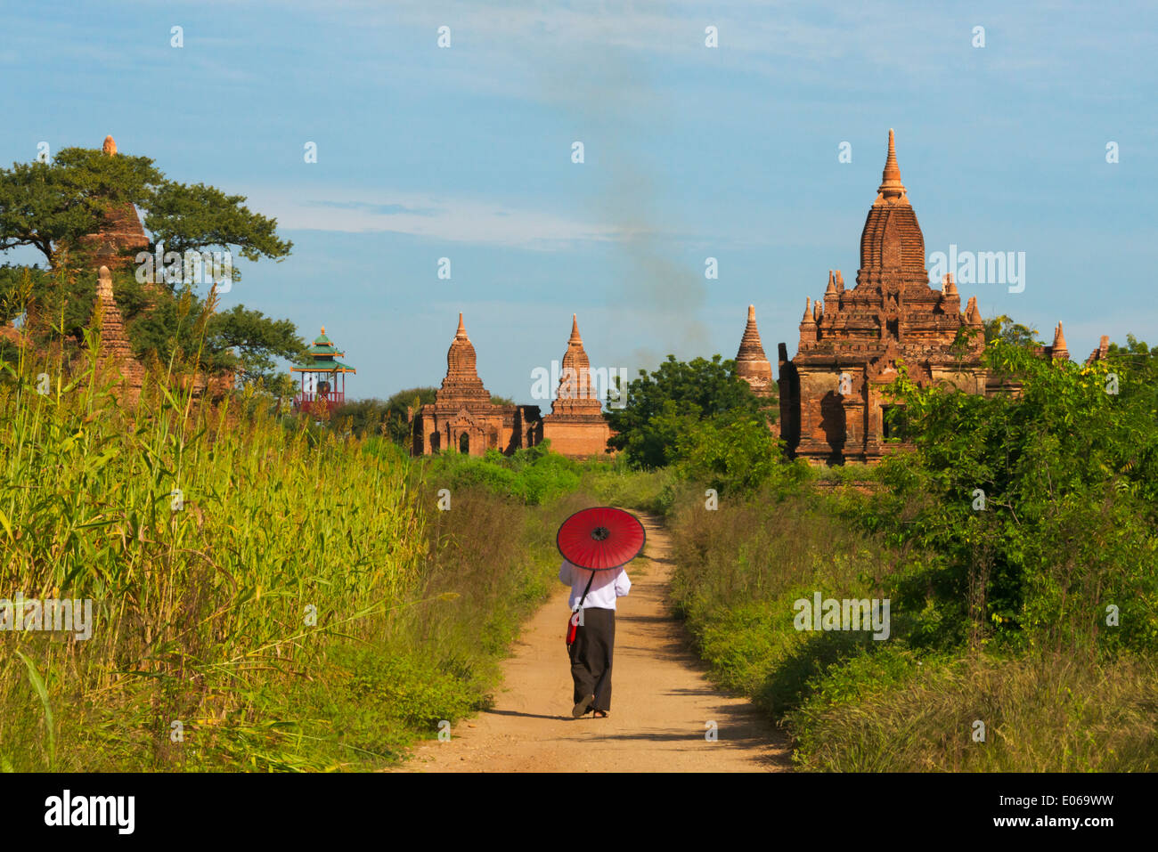 Femme avec parapluie marche chez les ancien temple et pagode dans la jungle, Bagan, Myanmar Banque D'Images